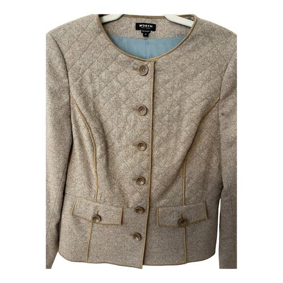 Worth Quilted Blazer Jacket Button Front Wool Silk Blend Brown Womens Size 10 - Picture 2 of 9